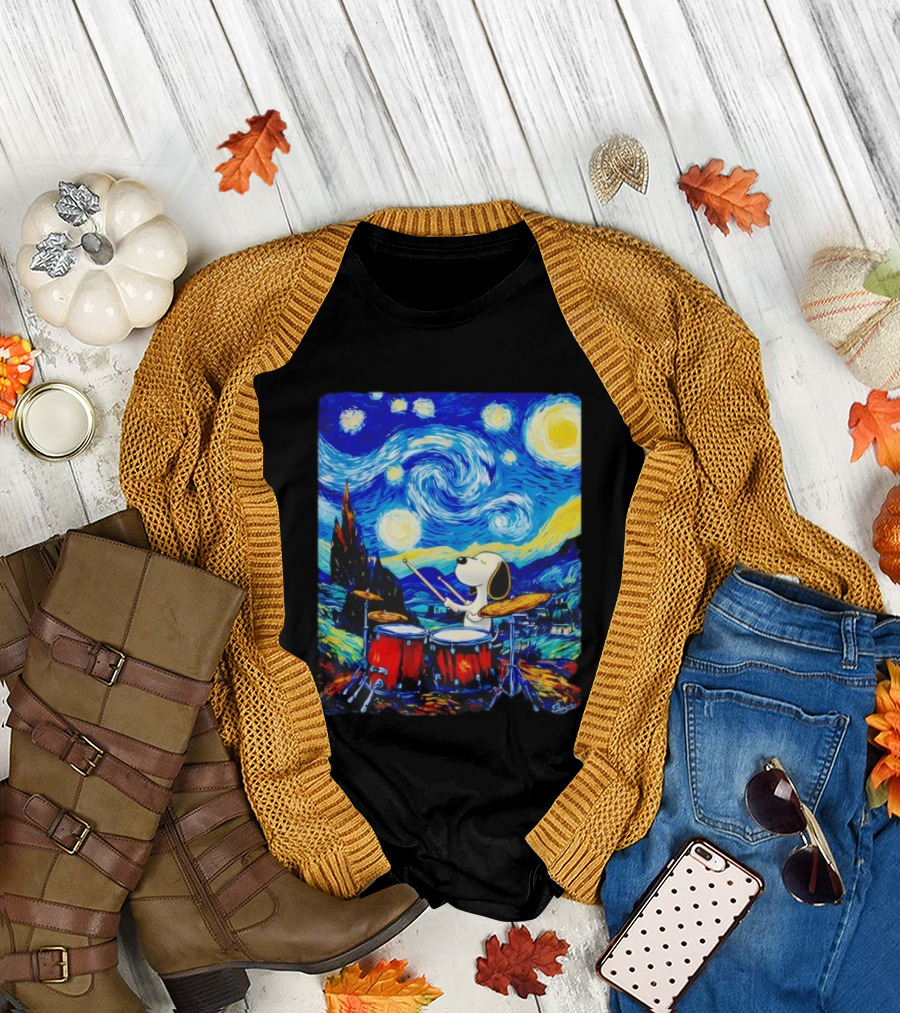 Snoopy Playing Drums Starry Night Van Gogh T-Shirt