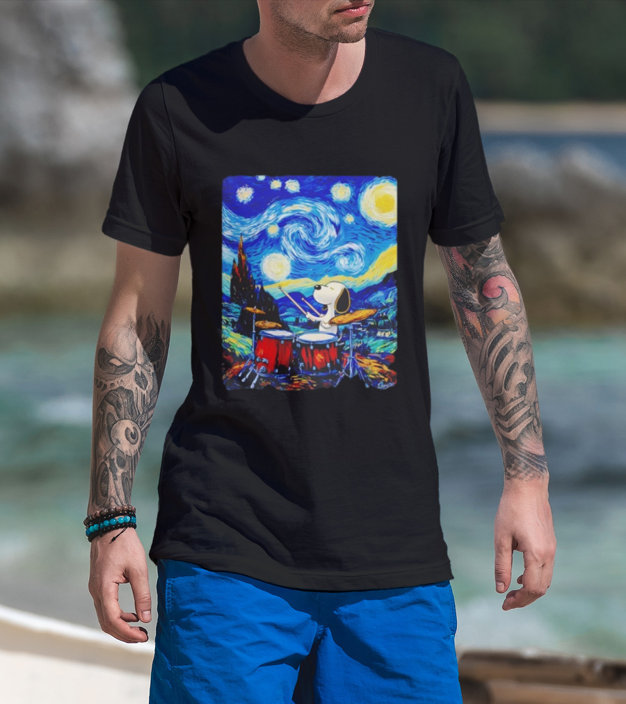 Snoopy Playing Drums Starry Night Van Gogh T-Shirt