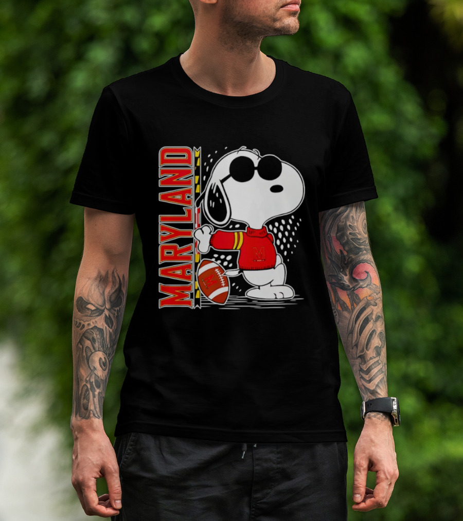 Snoopy Joe Cool With Football And Maryland Terrapins T-Shirt