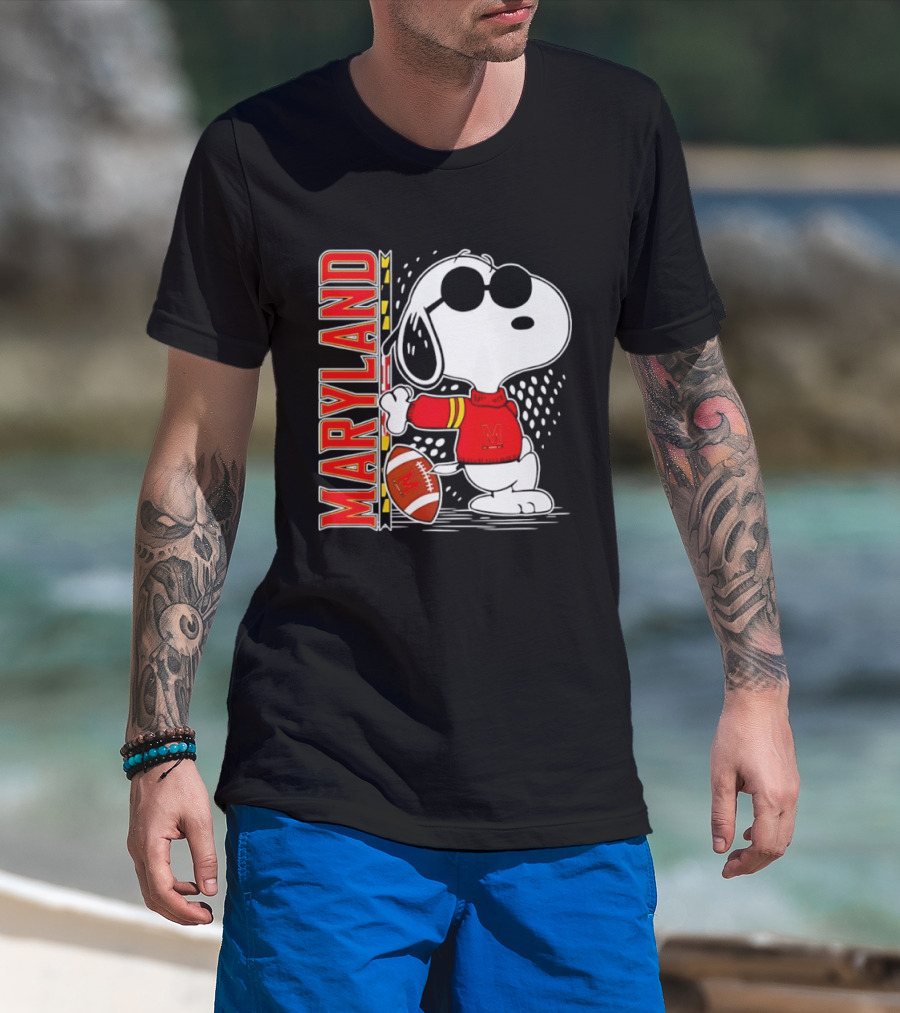 Snoopy Joe Cool With Football And Maryland Terrapins T-Shirt