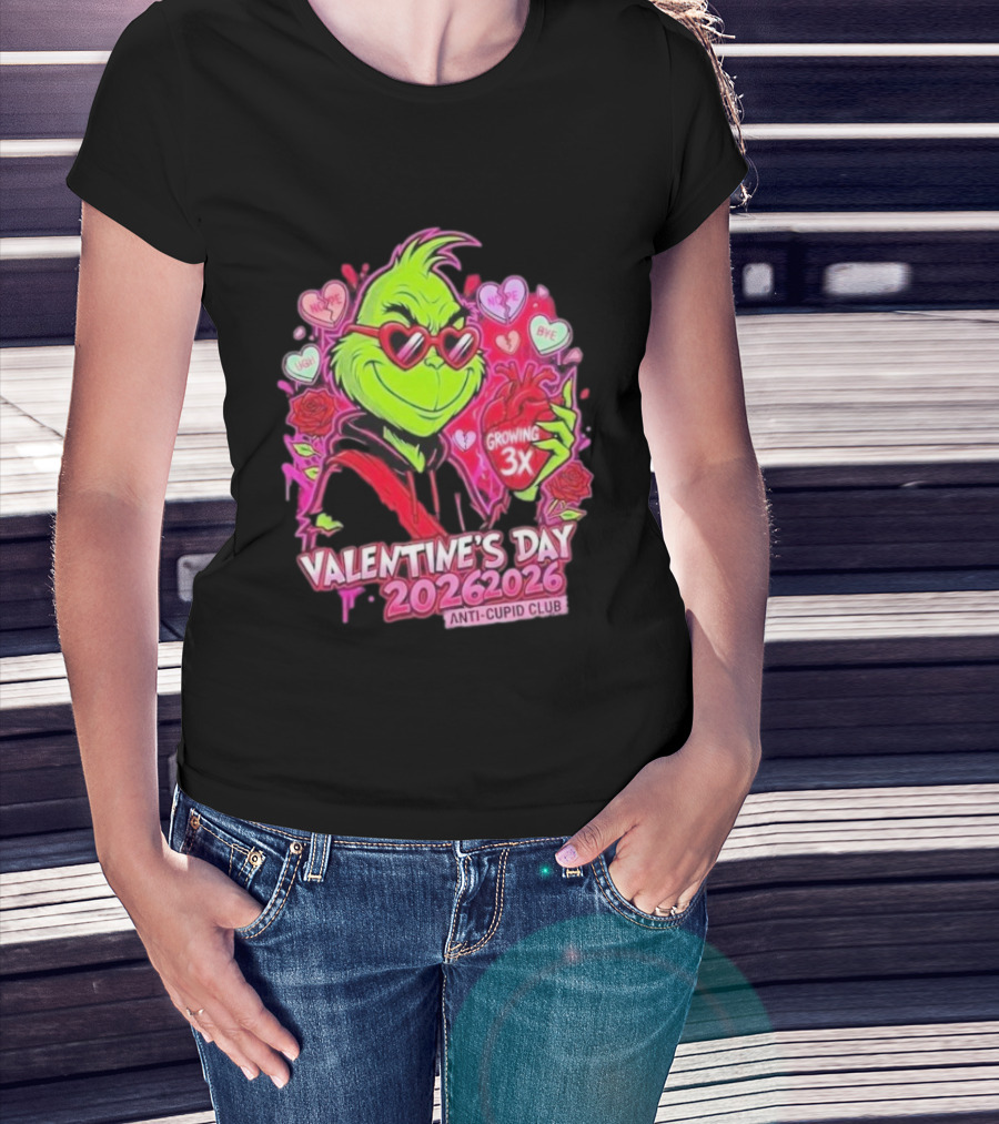 The Grinch Valentine's Day 2026 Anti Cupid Club Growing 3X Heart Funny Sarcastic Candy Hearts T-Shirt