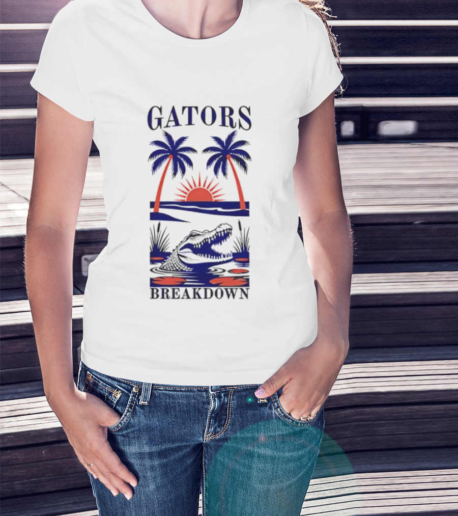 Gators Breakdown Swamp Beach Sunset Palms Alligator T-Shirt