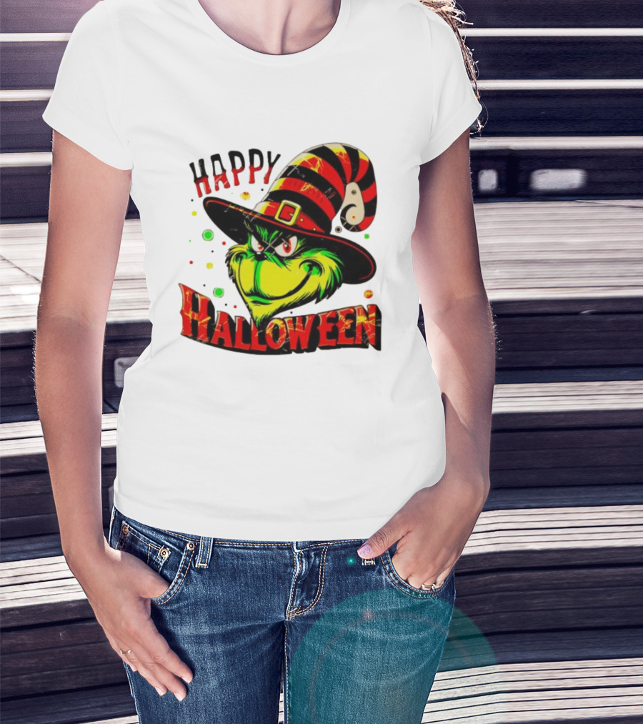 Happy Halloween Grinch Witch Hat Striped Festive T-Shirt