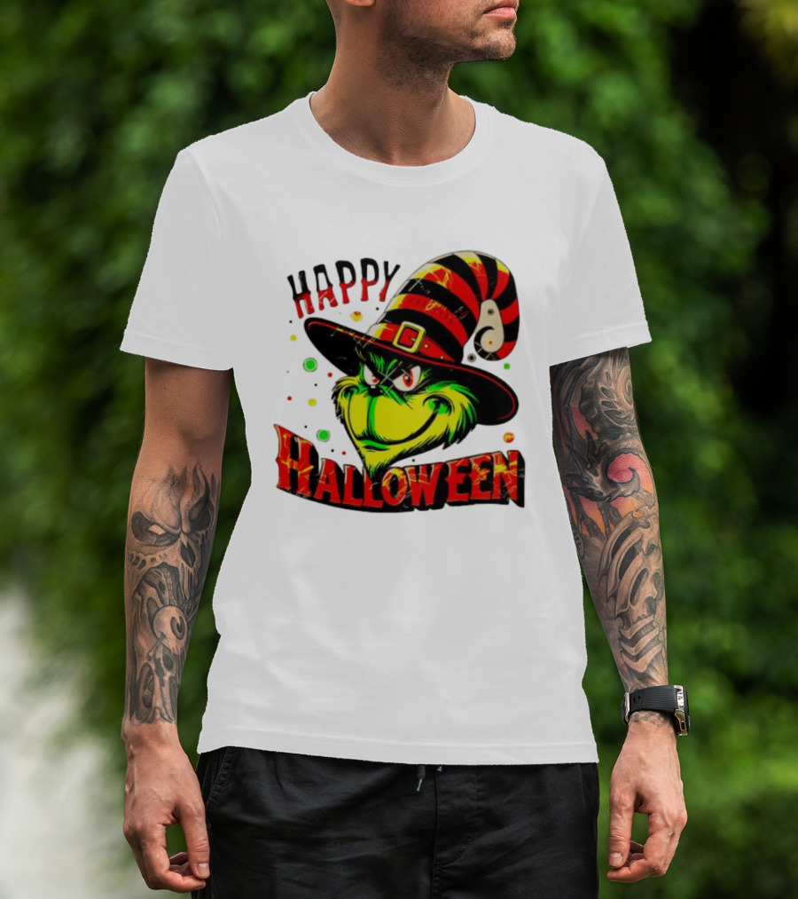Happy Halloween Grinch Witch Hat Striped Festive T-Shirt