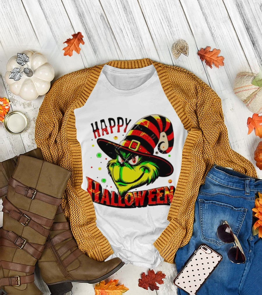 Happy Halloween Grinch Witch Hat Striped Festive T-Shirt