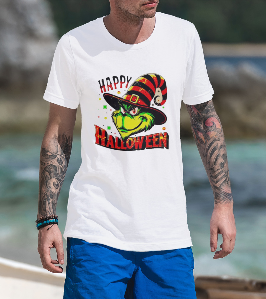Happy Halloween Grinch Witch Hat Striped Festive T-Shirt