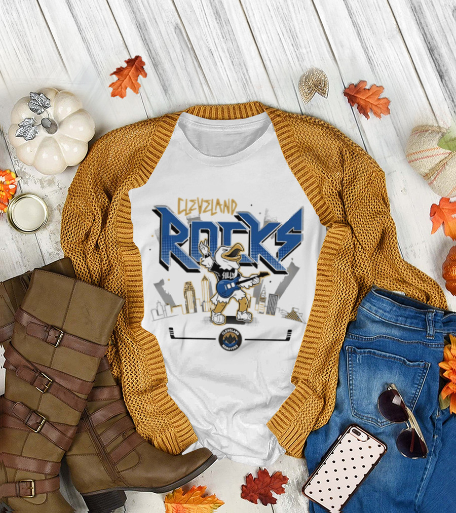 Cleveland Rocks Hockey Mascot Monster Guitar City Skyline T-Shirt