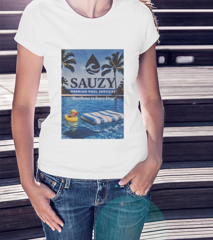 Sauzy Premium Pool Services Excellence In Every Drop Floating Fun With Duck And Lounger Palm Oasis T-Shirt