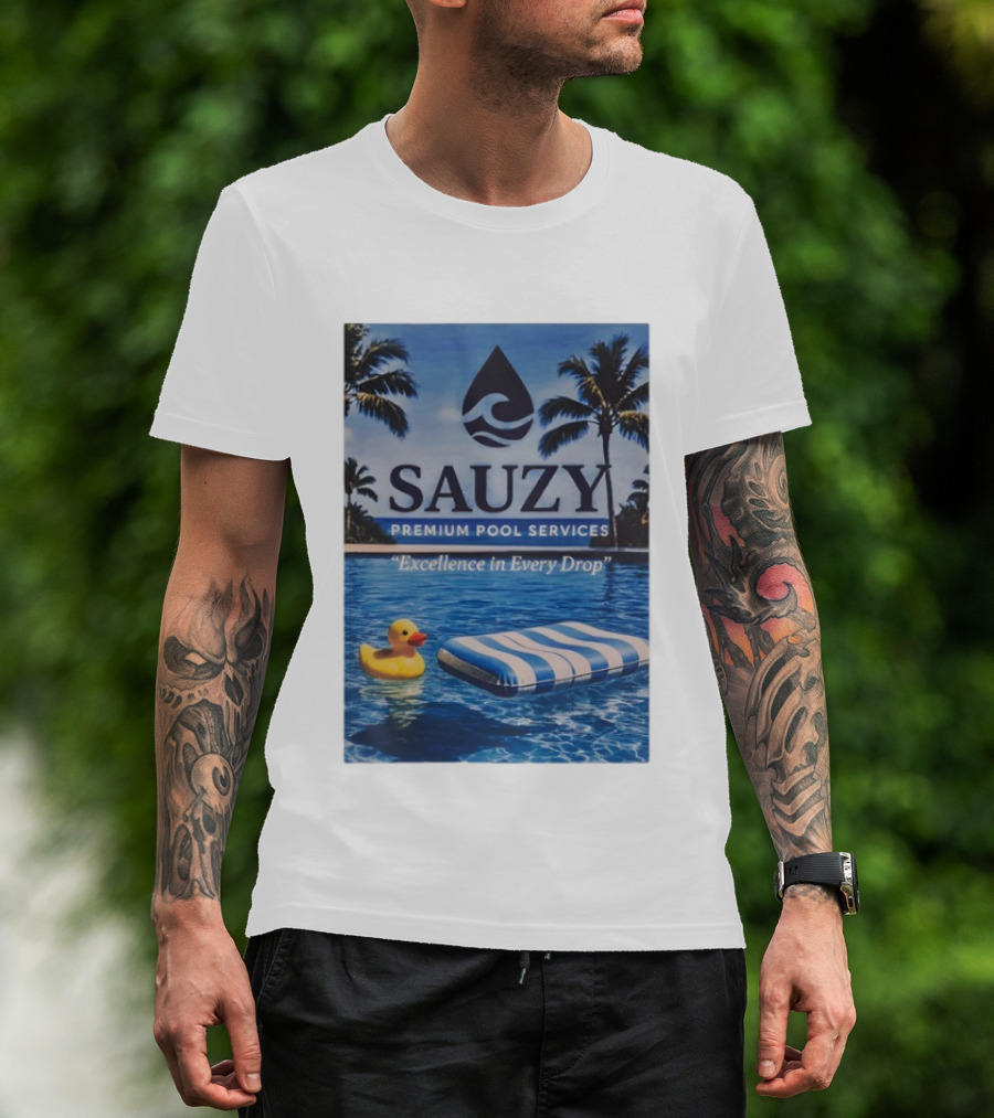 Sauzy Premium Pool Services Excellence In Every Drop Floating Fun With Duck And Lounger Palm Oasis T-Shirt
