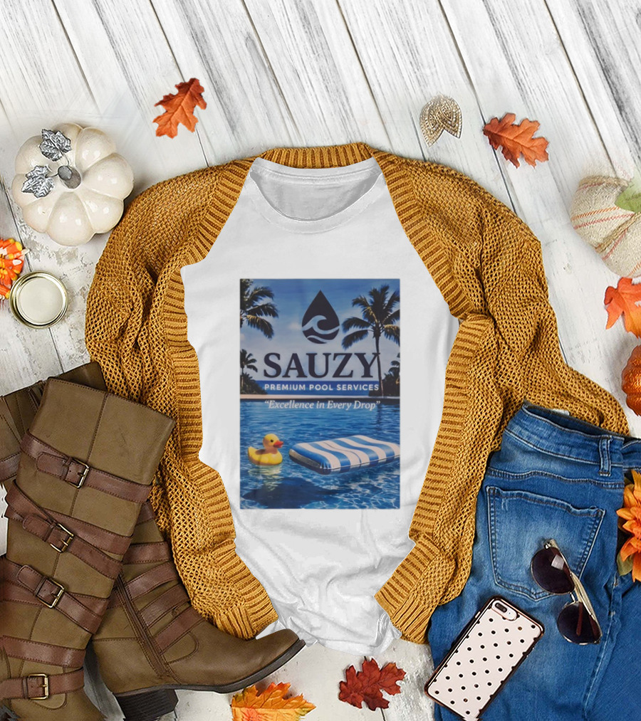 Sauzy Premium Pool Services Excellence in Every Drop Floating Fun with Duck and Lounger Palm Oasis T-Shirt