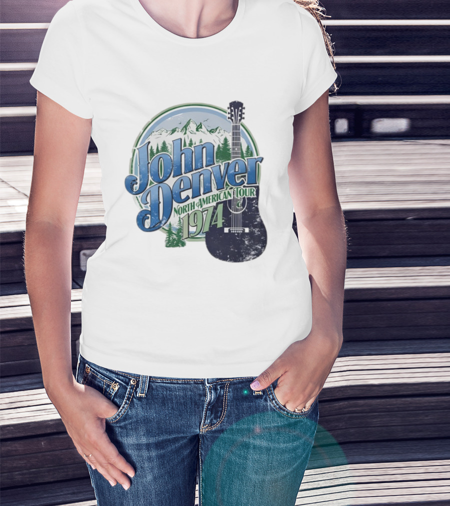 John Denver North American Tour 1974 With Guitar And Mountain Scene T-Shirt