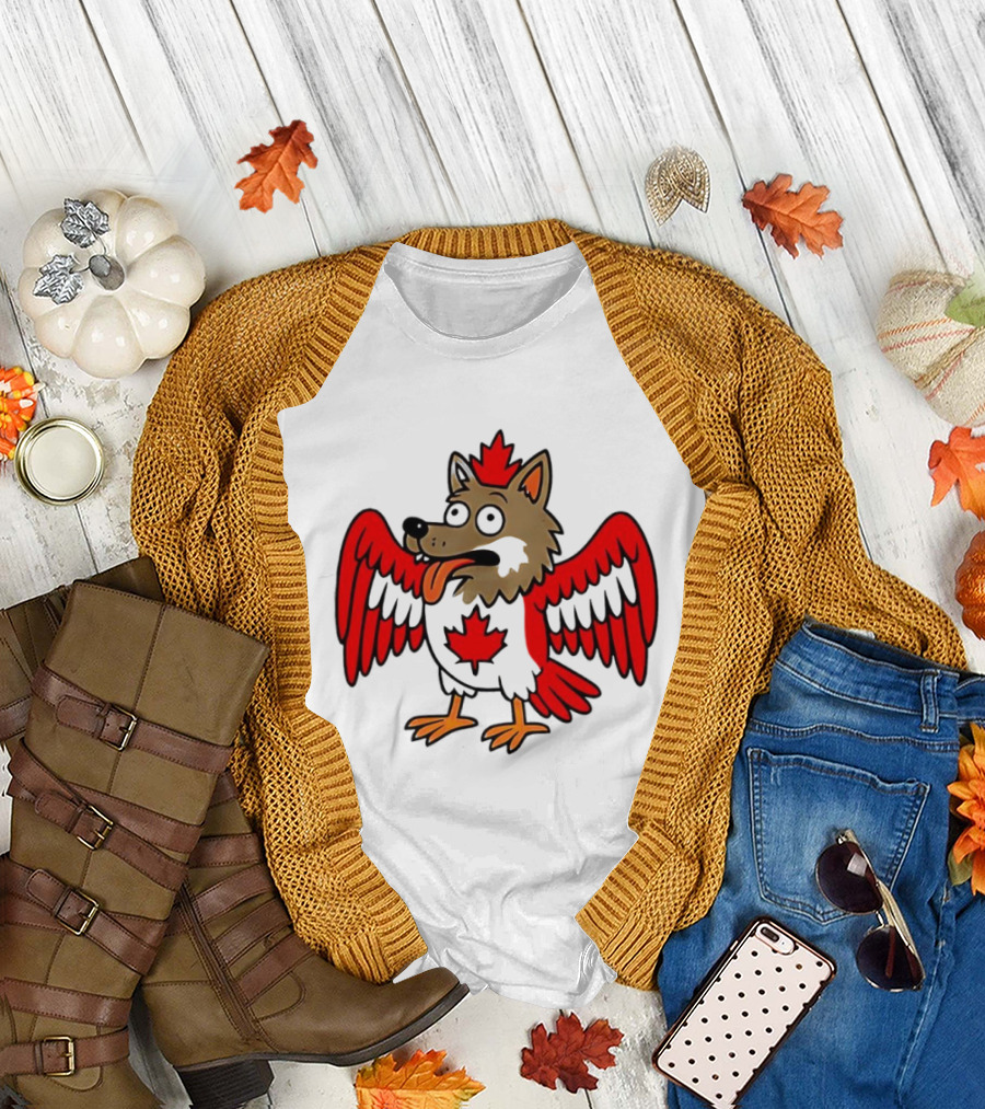 Maple Leaf Mad Wolfbird Quirky Canadian Creature Wings T-Shirt
