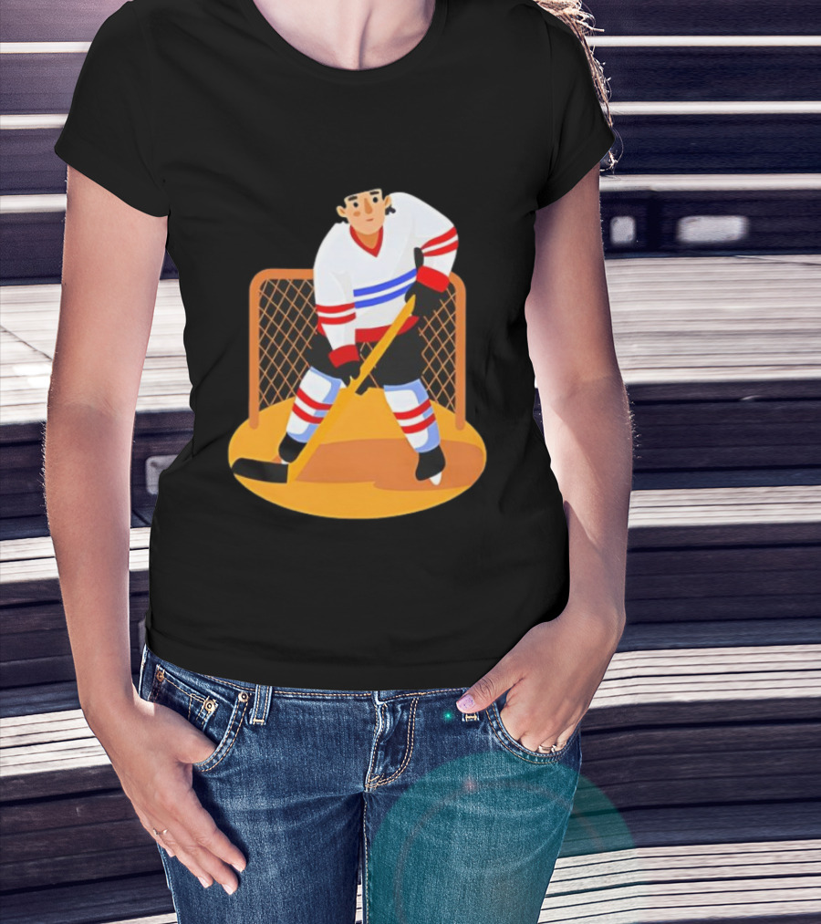 Ice Hockey Goalie In Action With Stick And Net Background T-Shirt