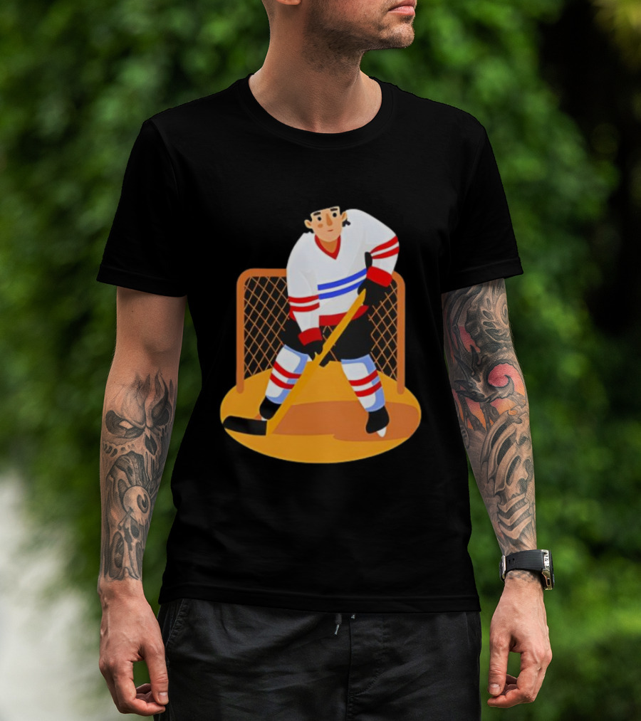 Ice Hockey Goalie In Action With Stick And Net Background T-Shirt