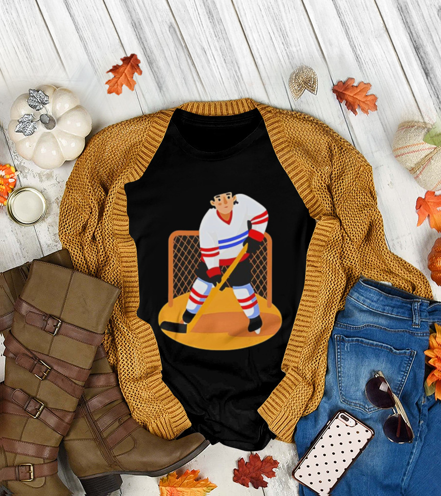 Ice Hockey Goalie In Action With Stick And Net Background T-Shirt