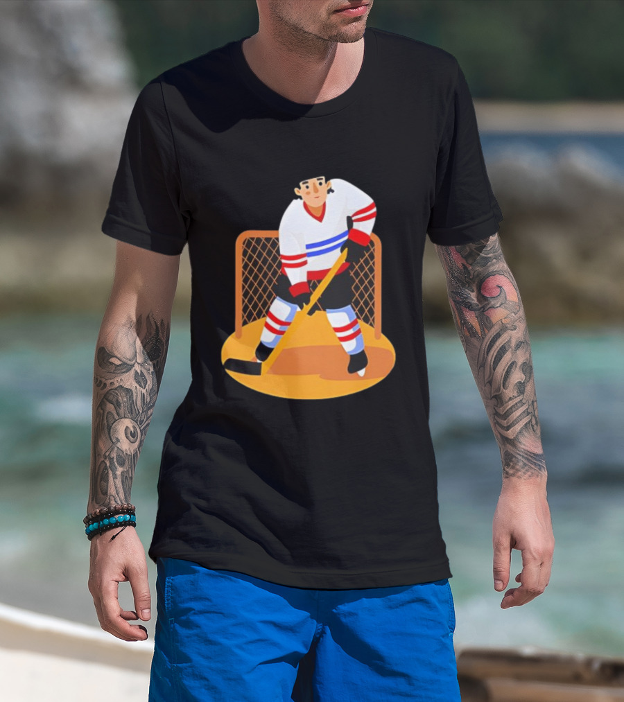Ice Hockey Goalie In Action With Stick And Net Background T-Shirt