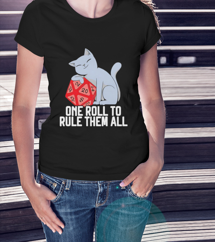 Cat D20 One Roll To Rule Them All Gaming Dice Fantasy T-Shirt