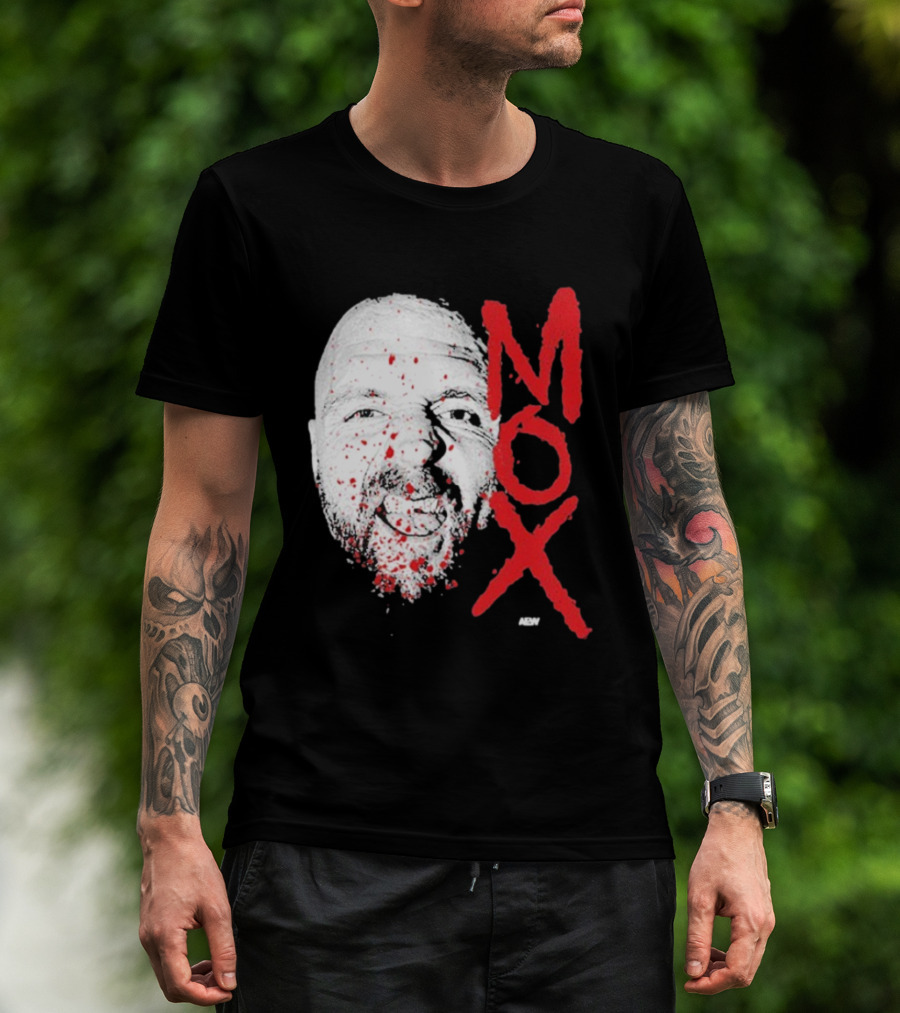 Moxley Big Head Mox Text Blood Splatter T-Shirt