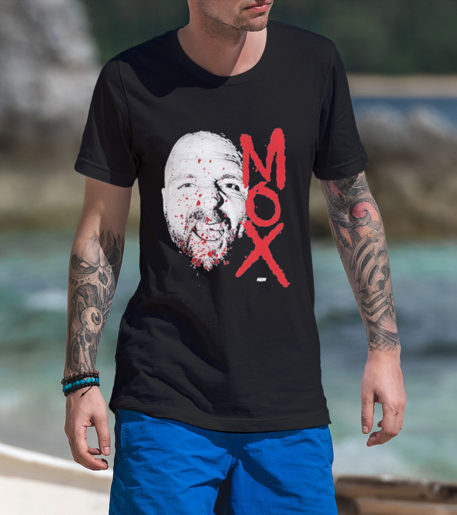 Moxley Big Head Mox Text Blood Splatter T-Shirt