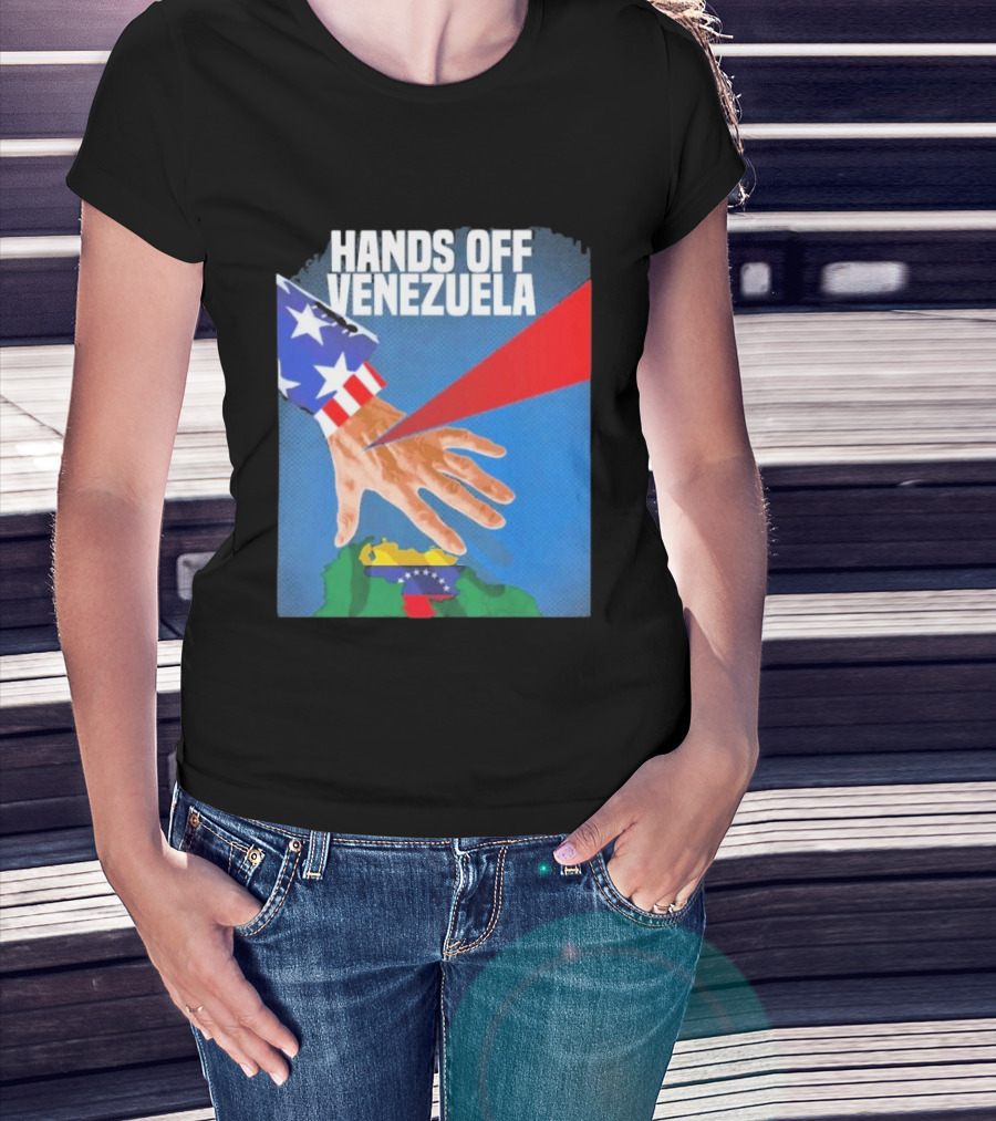 Hands Off Venezuela U.S. Imperialism Critique Featuring Venezuelan Flag And Map T-Shirt