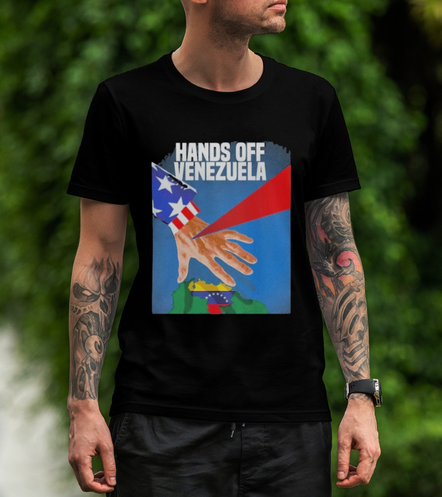 Hands Off Venezuela U.S. Imperialism Critique Featuring Venezuelan Flag And Map T-Shirt