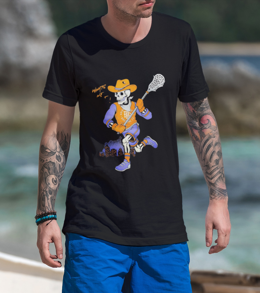 BriarBrothers Brewing Co Skeleton Lacrosse Player With City Skyline T-Shirt