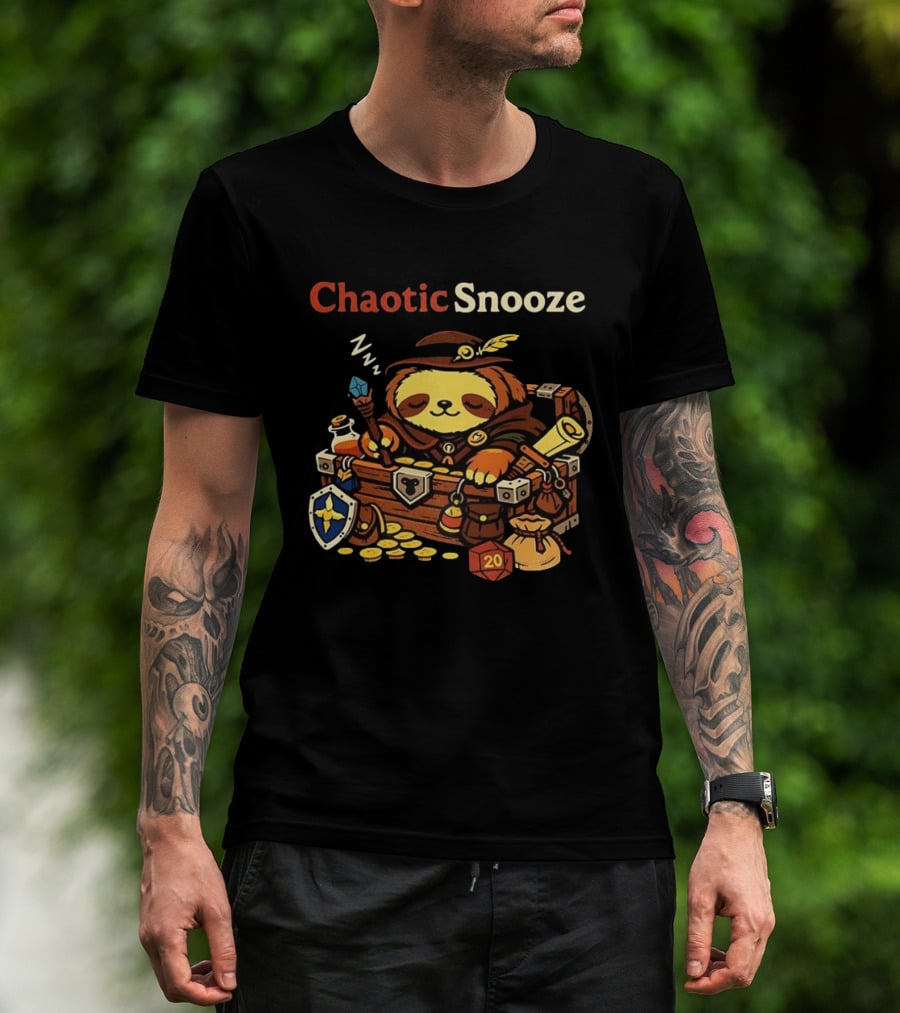 Chaotic Snooze Sloth With Dungeons And Dragons Dice And Treasure T-Shirt