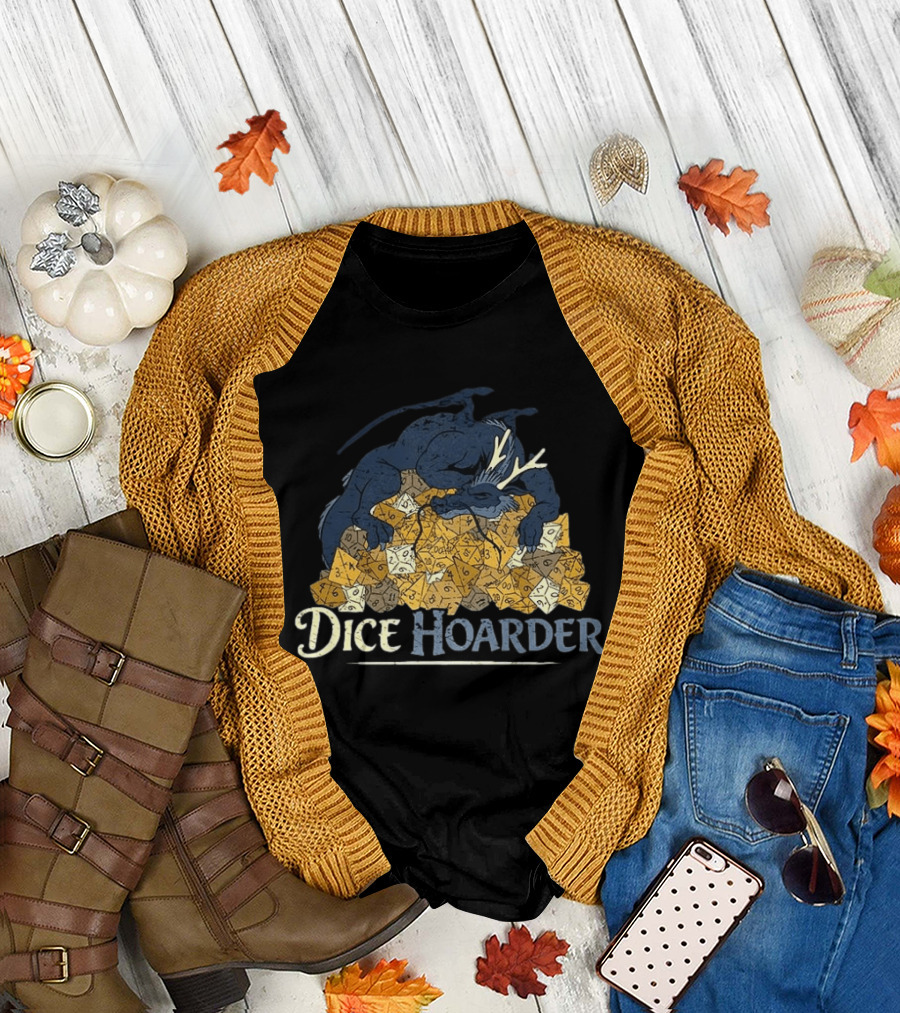 Dice Hoarder Dragon with Pile of Polyhedral Dice Dungeons and Dragons Fantasy T-Shirt