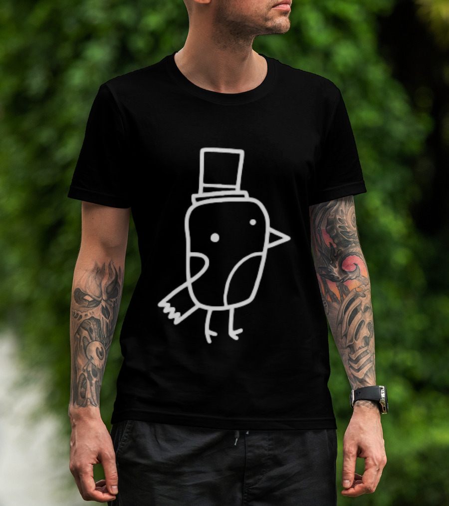 Minimalist Line Art Gentleman Bird Doodle Top Hat T-Shirt