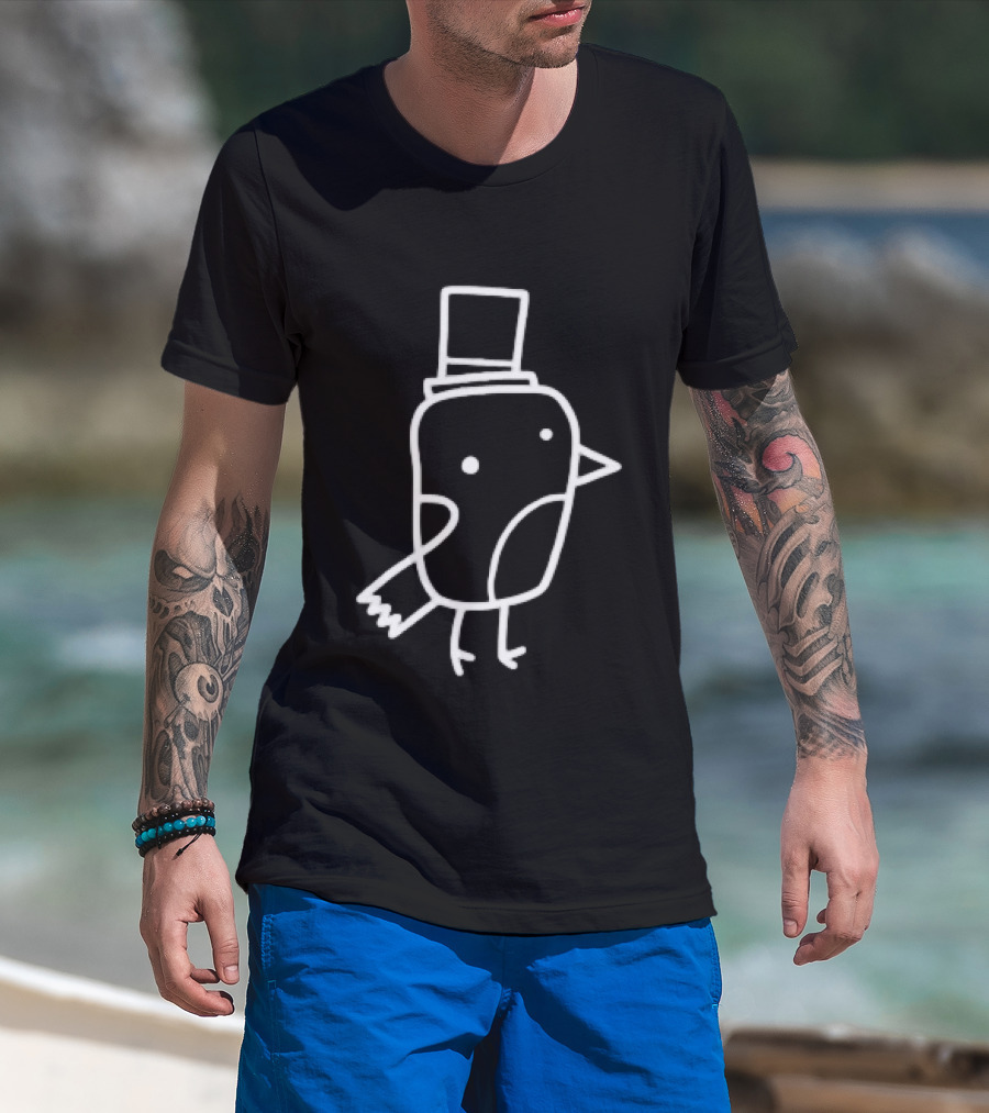 Minimalist Line Art Gentleman Bird Doodle Top Hat T-Shirt