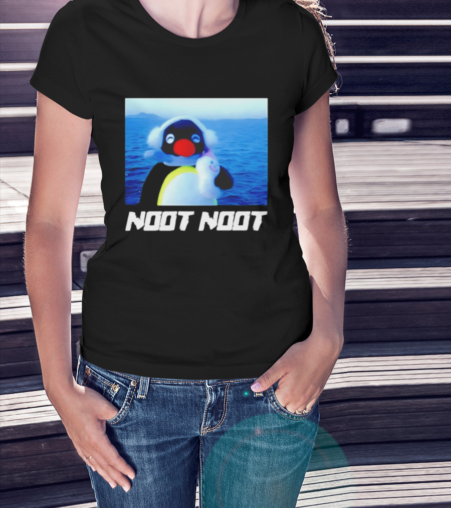 Noot Noot Penguin Holding Toy Ocean Background T-Shirt