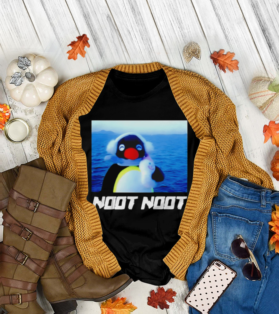 Noot Noot Penguin Holding Toy Ocean Background T-Shirt