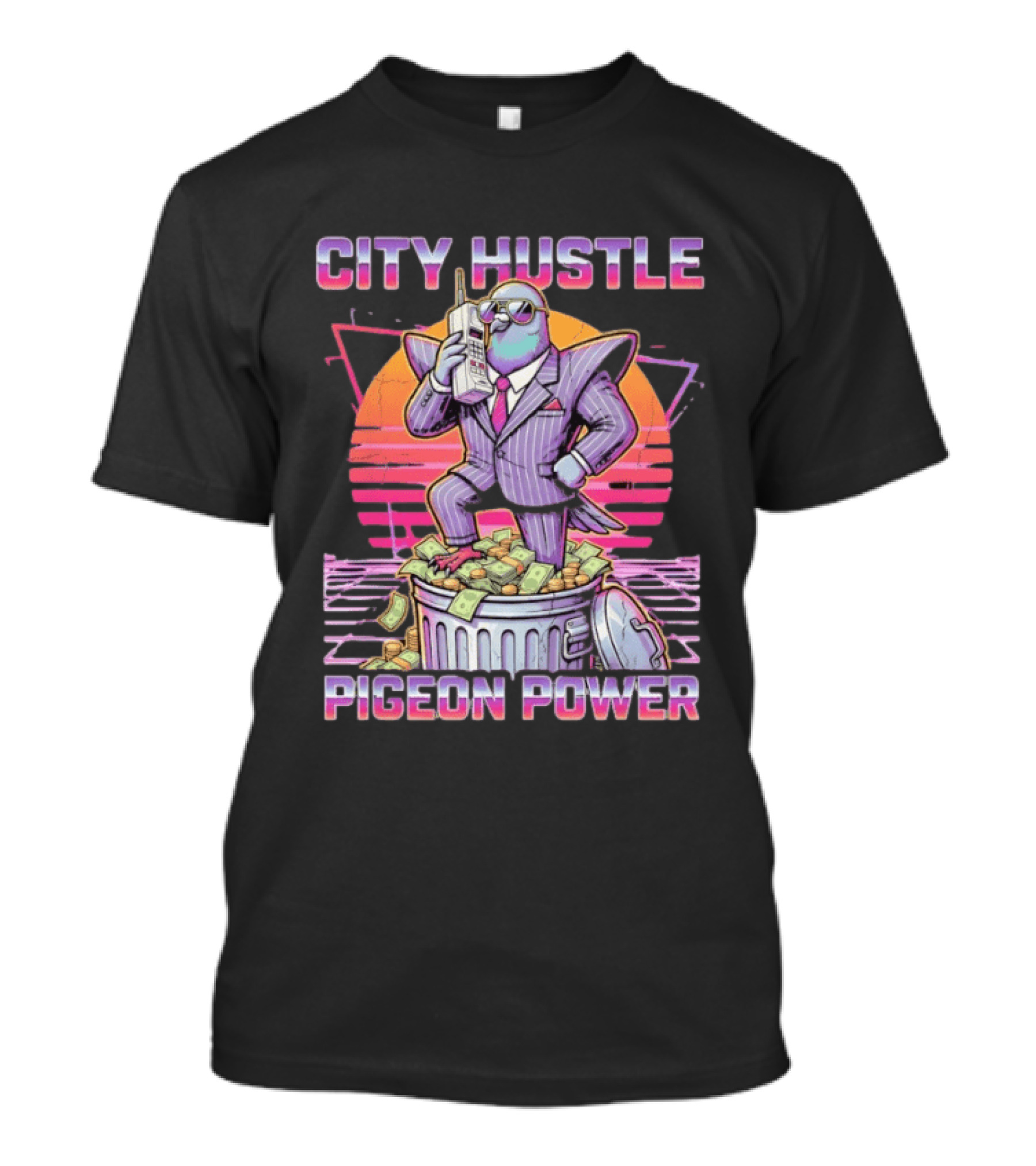 Pigeon Power City Hustle Funny Retro 80s Synthwave Suit Money Trash Can Telephone T-Shirt