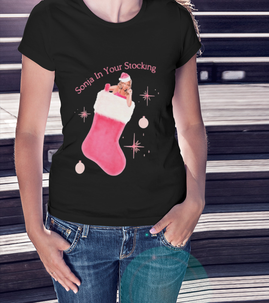 Sonja In Your Stocking Holiday Christmas Sox Pink Santa Hat Festive T-Shirt