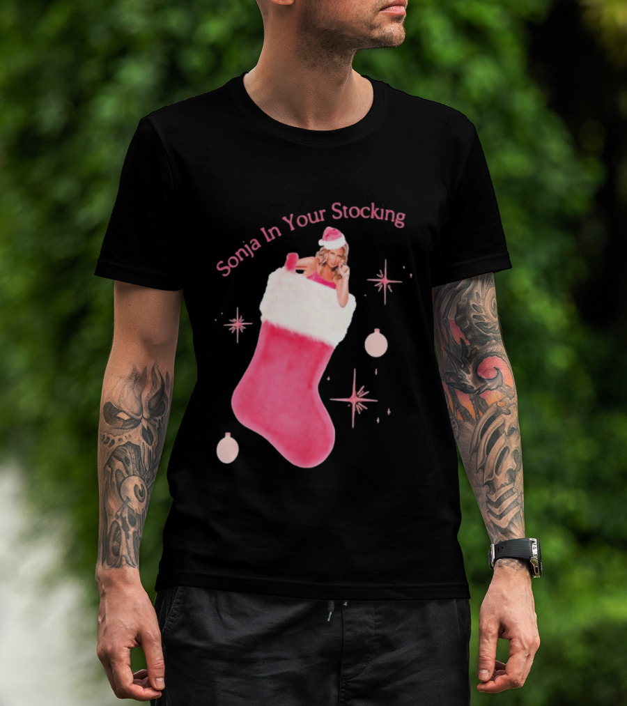 Sonja In Your Stocking Holiday Christmas Sox Pink Santa Hat Festive T-Shirt