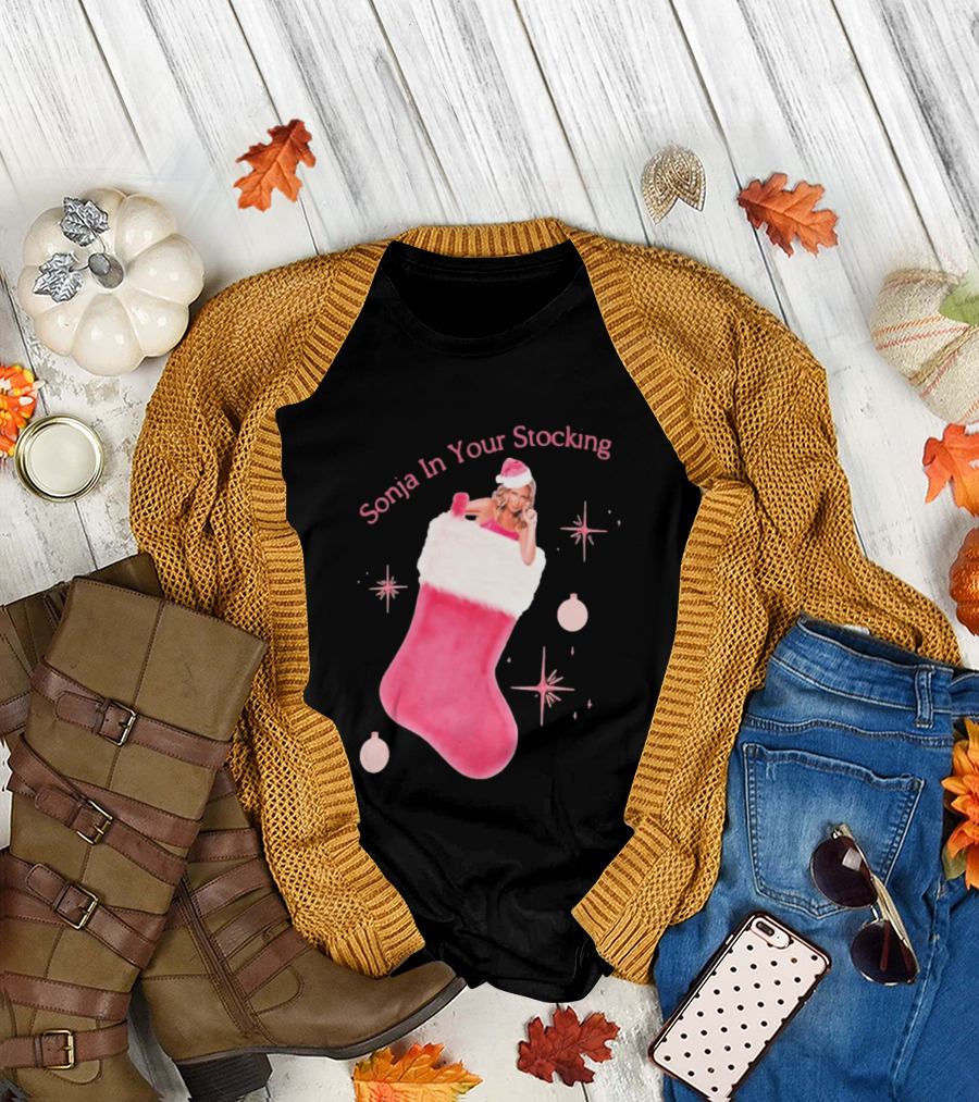Sonja In Your Stocking Holiday Christmas Sox Pink Santa Hat Festive T-Shirt