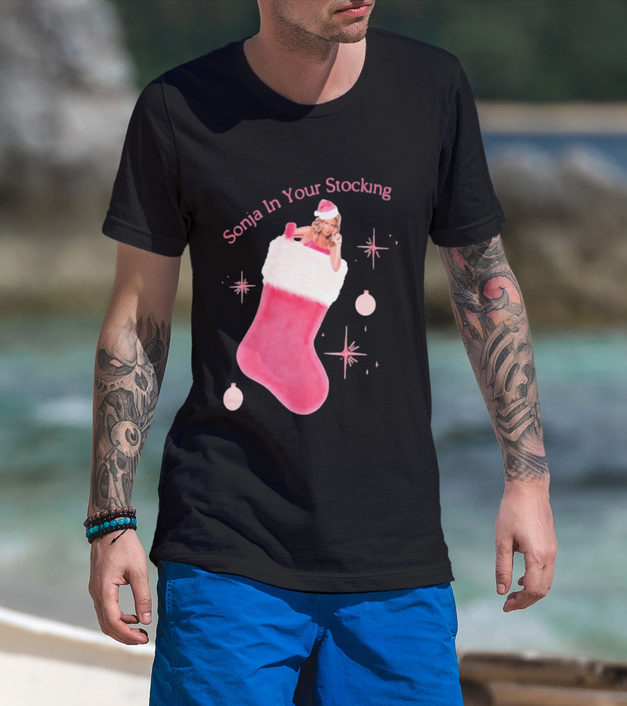 Sonja In Your Stocking Holiday Christmas Sox Pink Santa Hat Festive T-Shirt