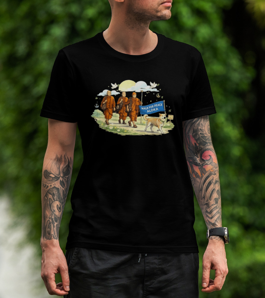 Walk For Peace Aloka Monks With Dog And Doves T-Shirt