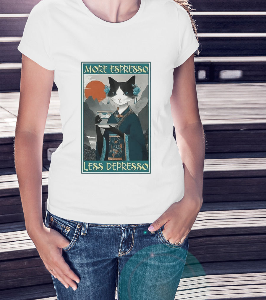 More Espresso Less Depresso Zen Barista Cat Ukiyo E T-Shirt