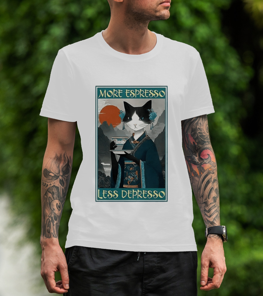 More Espresso Less Depresso Zen Barista Cat Ukiyo E T-Shirt