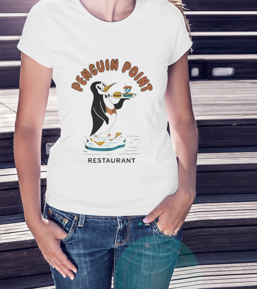 Penguin Point Restaurant Mascot Penguin With Bow Tie And Meal T-Shirt