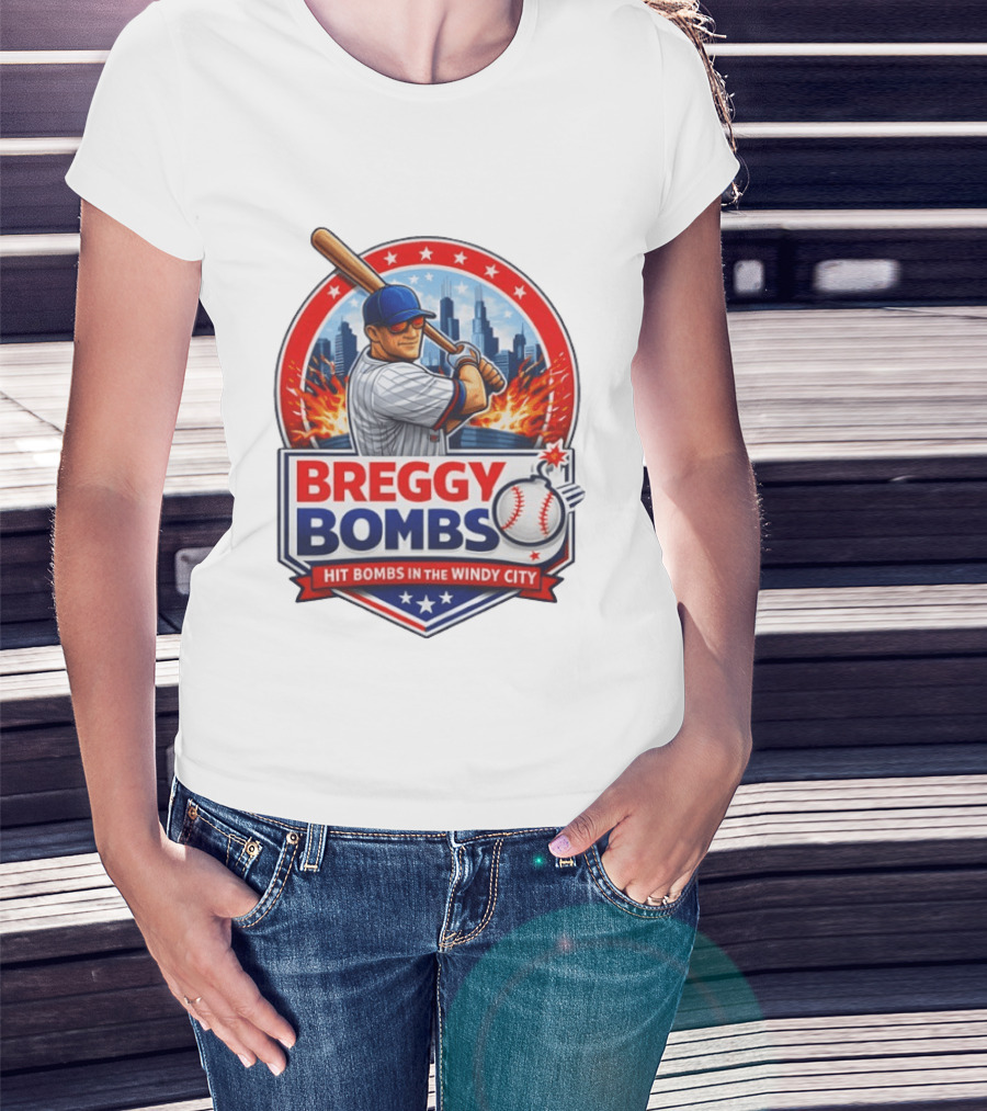 Breggy Bombs Hit Bombs In The Windy City Baseball Power Chicago Skyline Fireworks T-Shirt