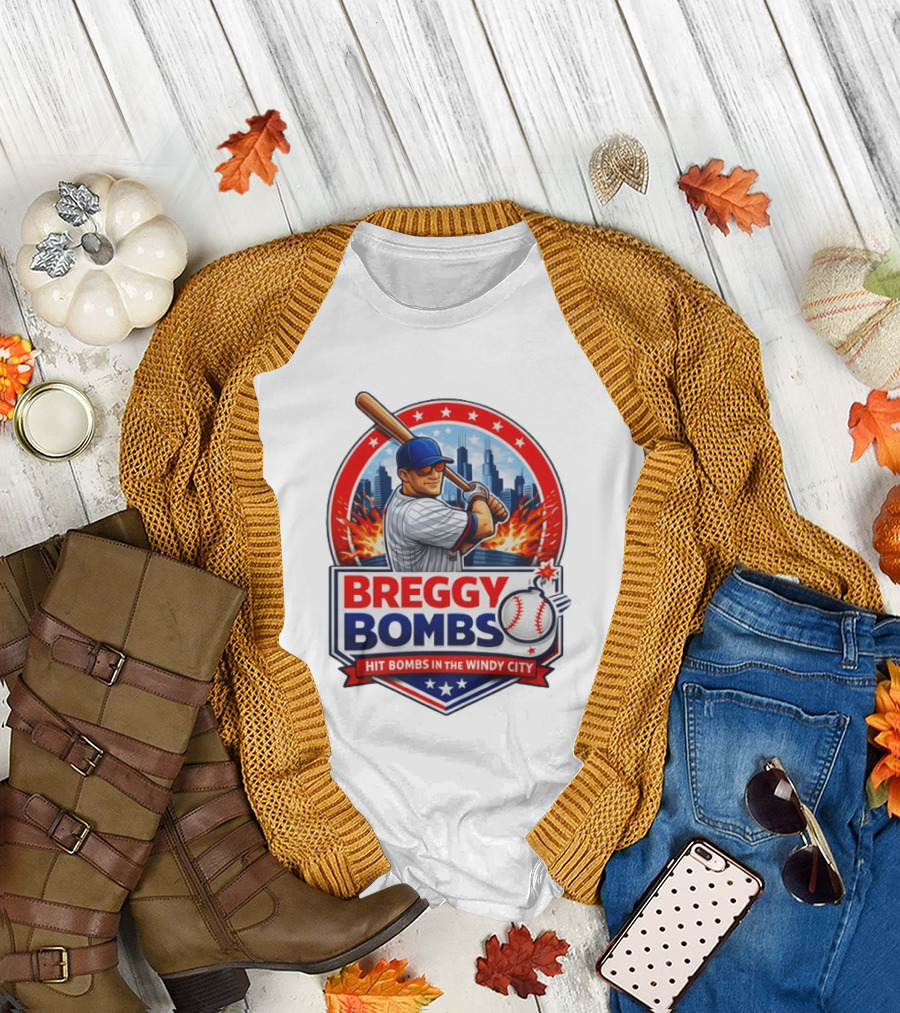 Breggy Bombs Hit Bombs in the Windy City Baseball Power Chicago Skyline Fireworks T-Shirt