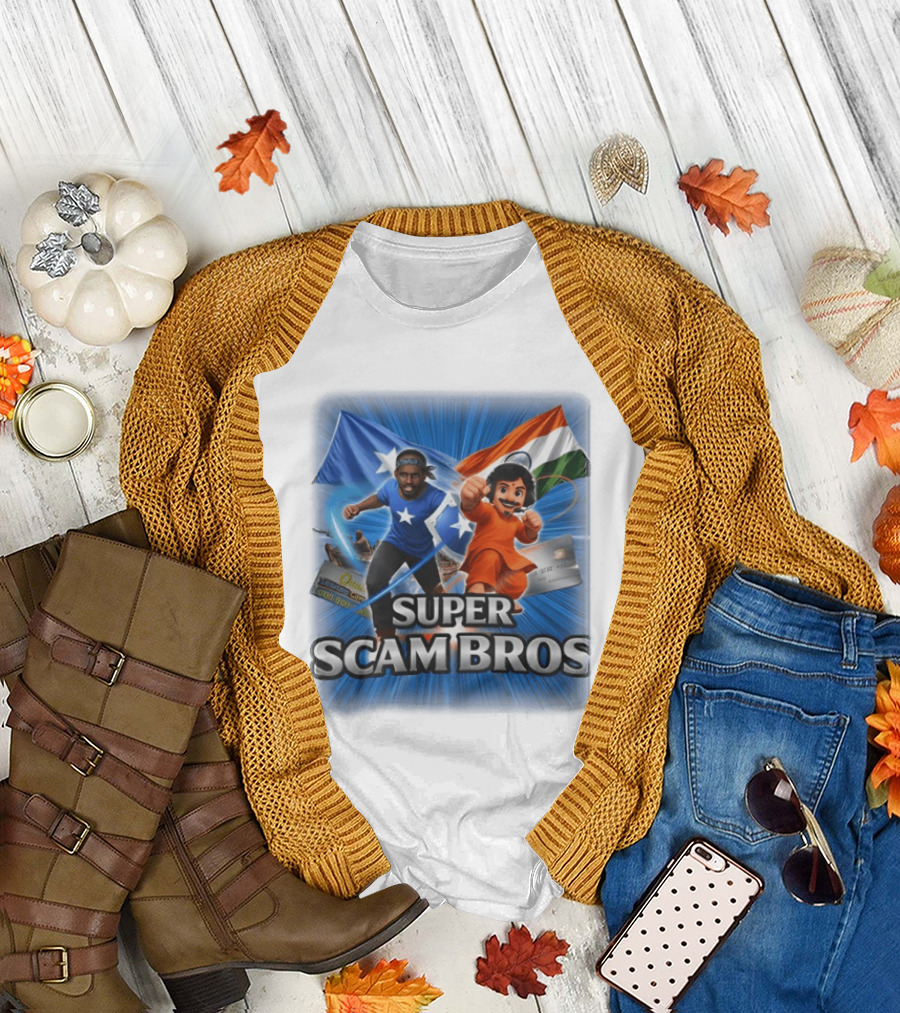 Super Scam Bros Indian Flag with Cartoon Superheroes and Credit Cards T-Shirt