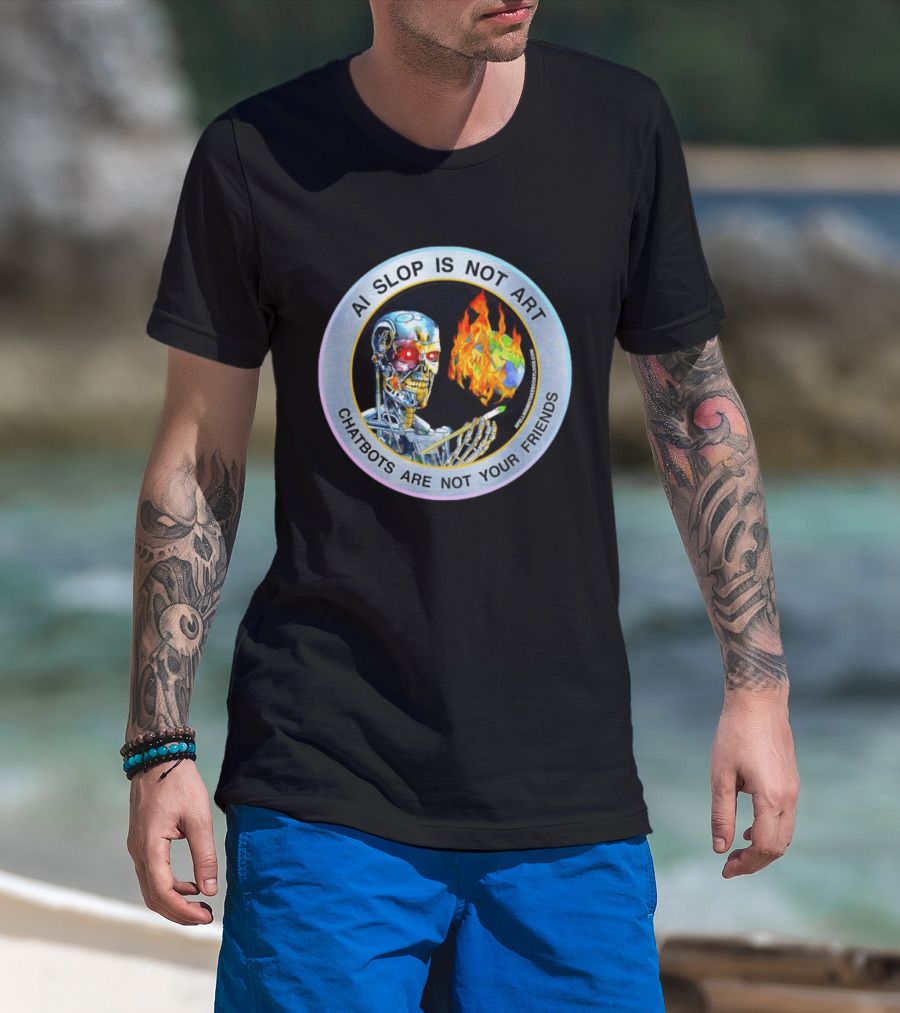 AI Slop Is Not Art Chatbots Are Not Your Friends Cyborg Painting Flames T-Shirt