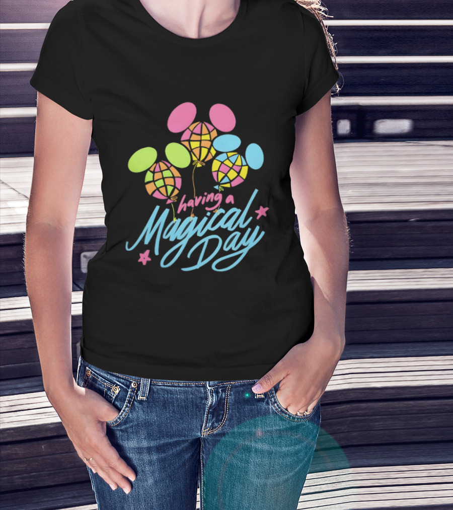 Having A Magical Day Neon Checkered Balloon Bright Colorful Celebration T-Shirt