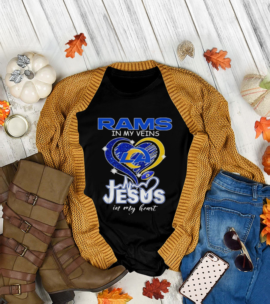 Los Angeles Rams in My Veins Jesus in My Heart Football Fan Faithful T-Shirt