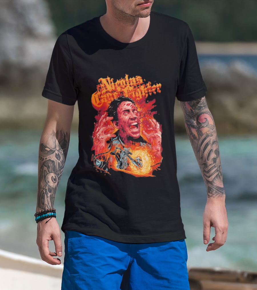 Nicolas Cage Fighter Melting Face Ghost Rider Flame Chain T-Shirt
