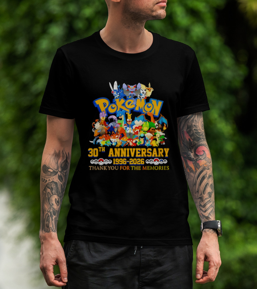 Pokémon 30th Anniversary 1996 2026 Pikachu Mewtwo Eevee Mew Dragonite Snorlax Thank You For The Memories T-Shirt