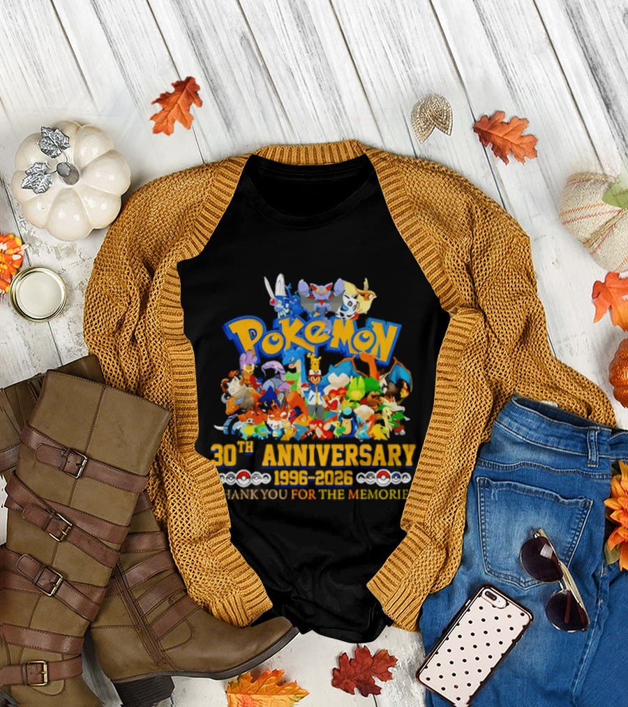 Pokémon 30th Anniversary 1996 2026 Pikachu Mewtwo Eevee Mew Dragonite Snorlax Thank You for the Memories T-Shirt